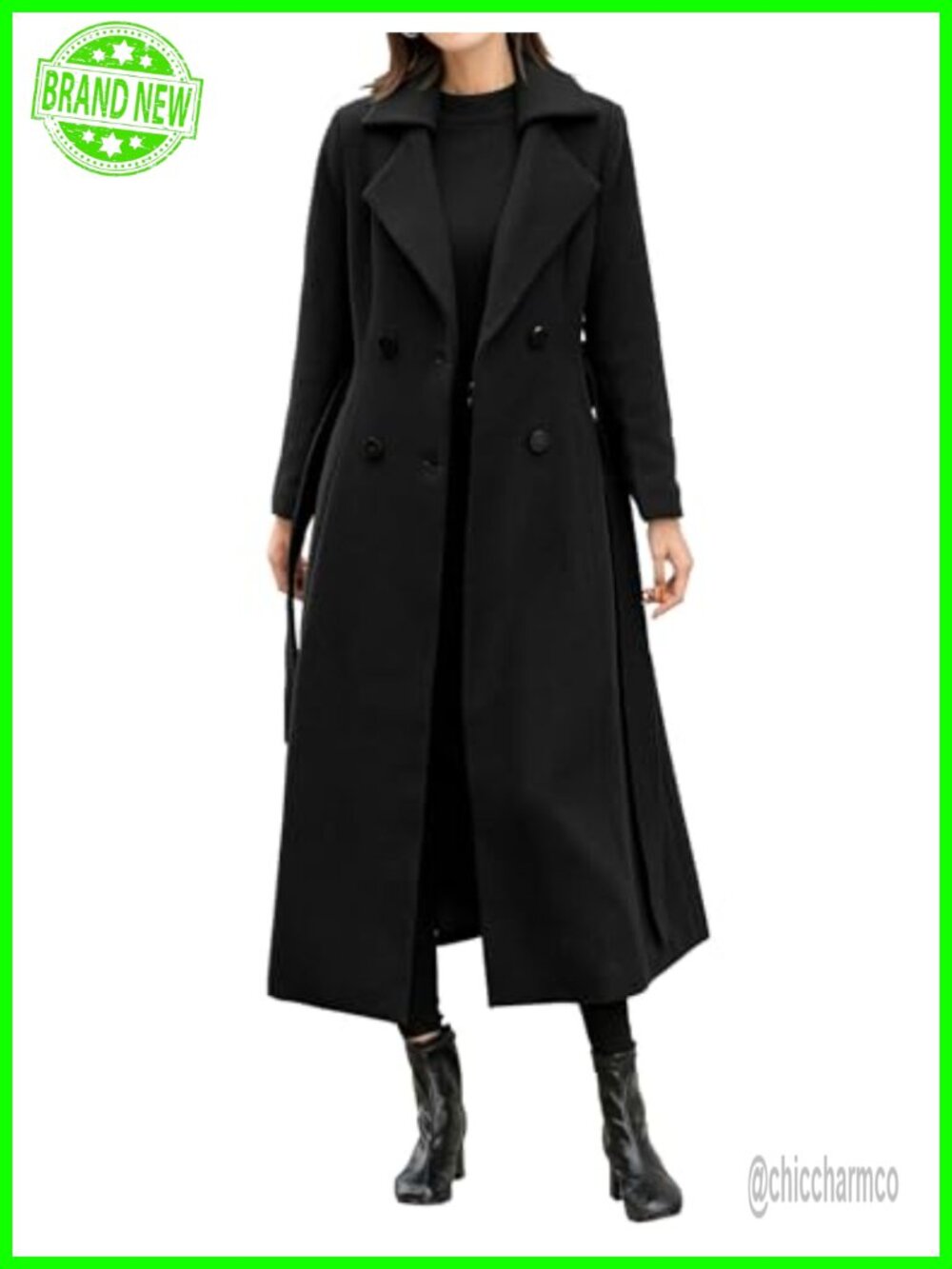 Womens Long Wool Blend Trench Coat Double Breasted Pea Coat Belted